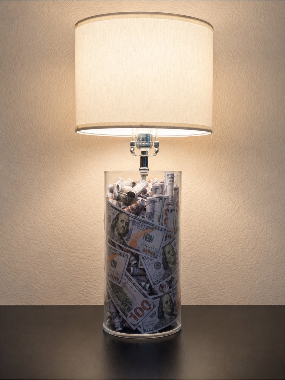 Money Themed Clear Acrylic Table Lamp (NOT GLASS) with White Drum Shade